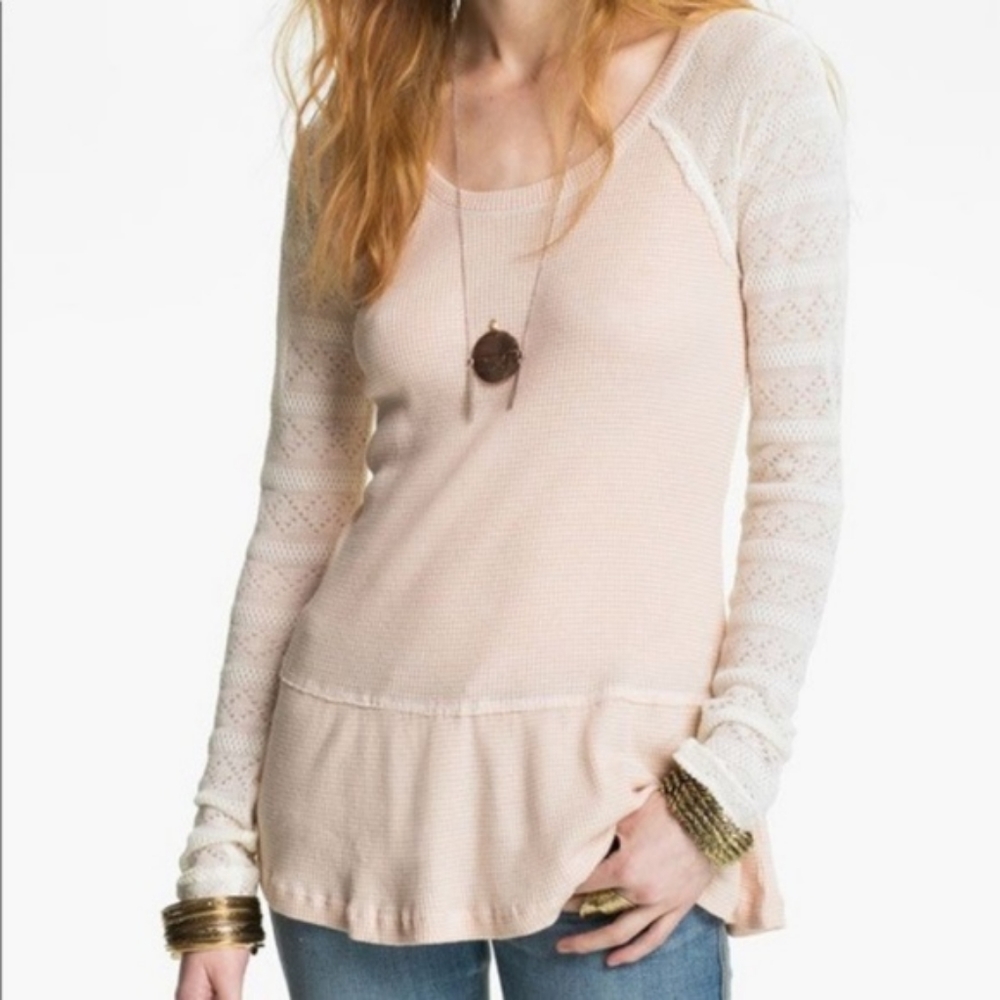 We The Free People Pink Ivory Waffle Knit Peplum S